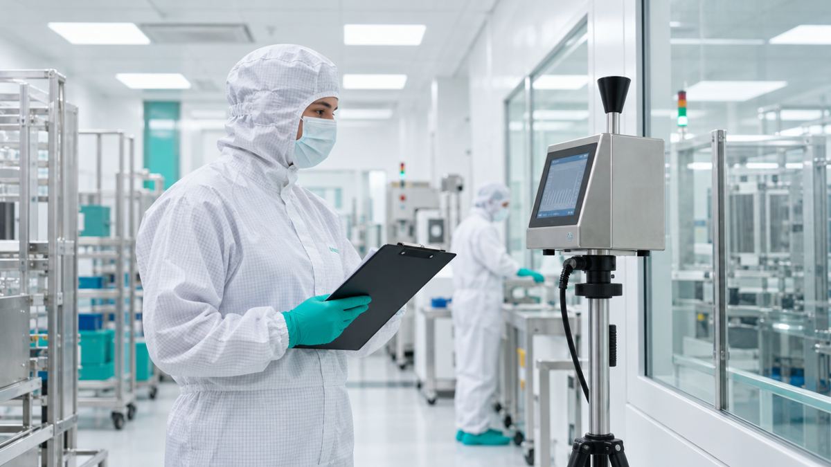 Gowned auditor reviewing a particle counter in a cleanroom