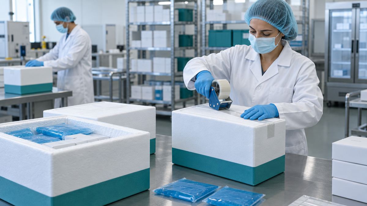 Technician sealing insulated cold-chain shipping boxes
