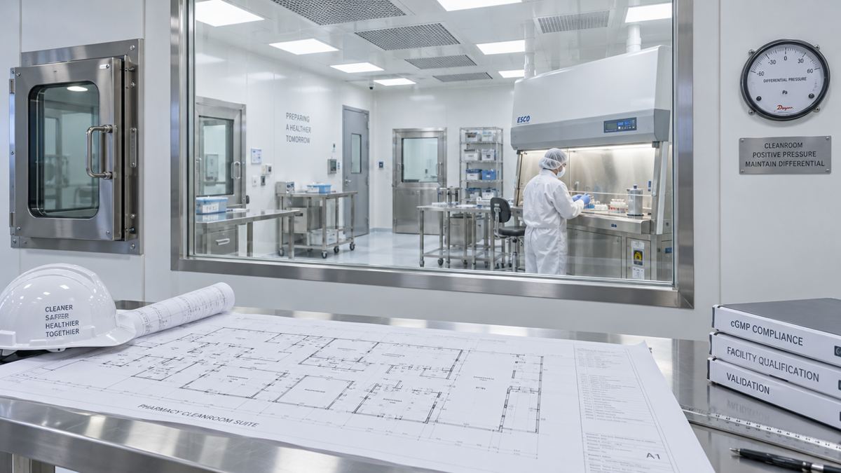 Pharmacy cleanroom suite with floor plans in the foreground