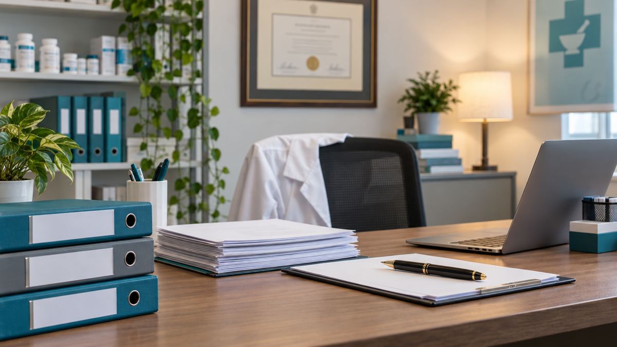 Pharmacist desk with binders, application paperwork and a framed license