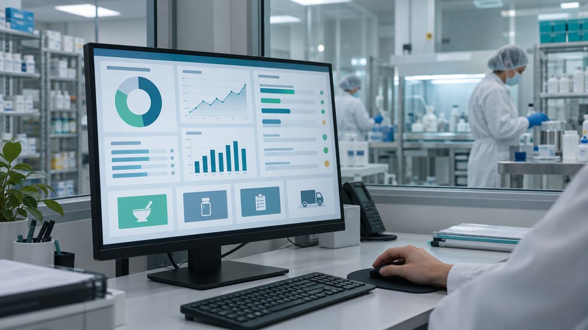 Pharmacy operations dashboard on a monitor beside a compounding lab