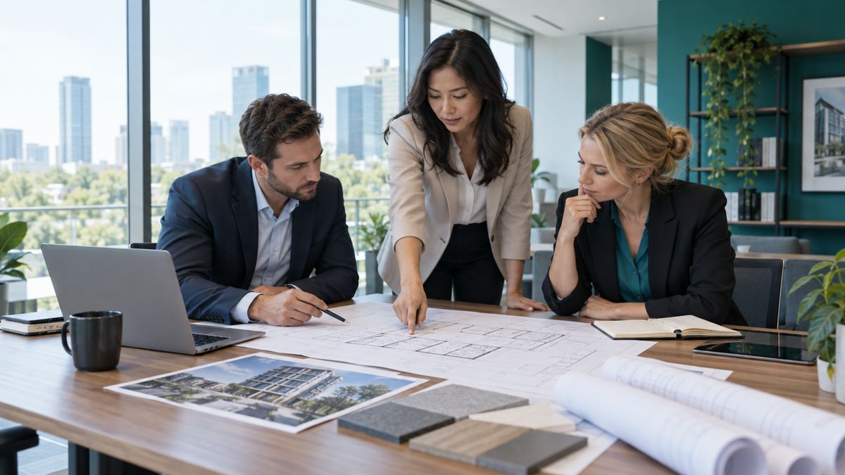 Consulting team reviewing building plans with clients